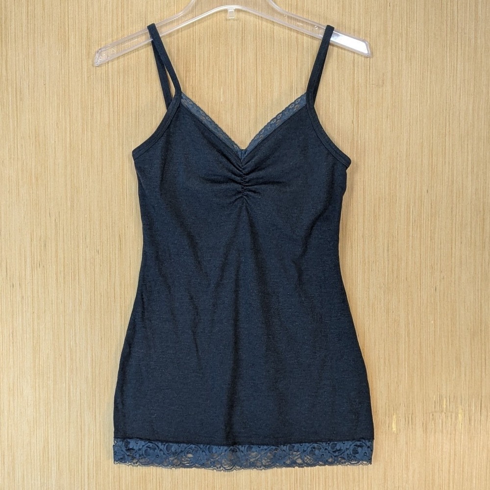 BKE Women's Y2K Elena Lace Trim Ruched Long Cami Tank Top Size L Charcoal Grey